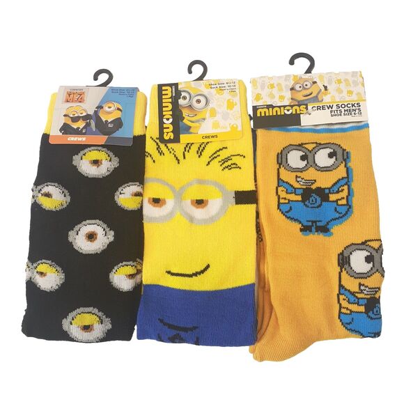 Minions Mens 3 Pack Yellow Multicolor Crew Socks NWT Size 6-12 - Picture 1 of 6